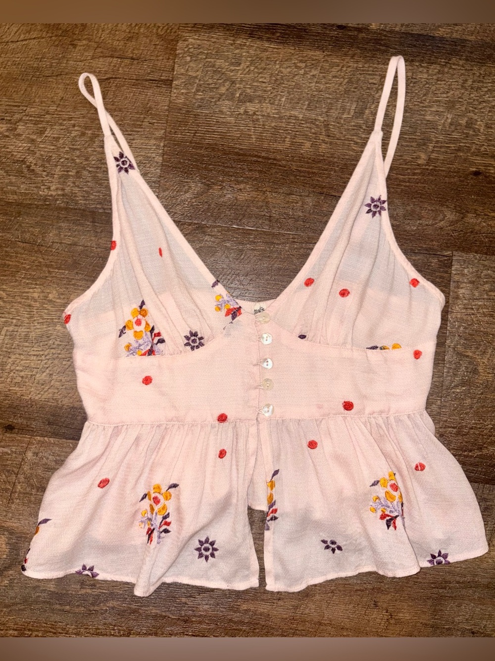 Free People•Blush Pink Embroidered Peplum Cami Tank Top Small Boho Floral Flowy